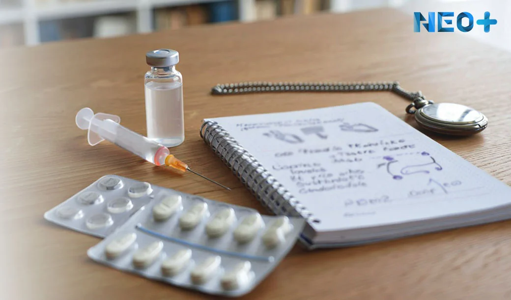 Стол с лекарствами и блокнотом